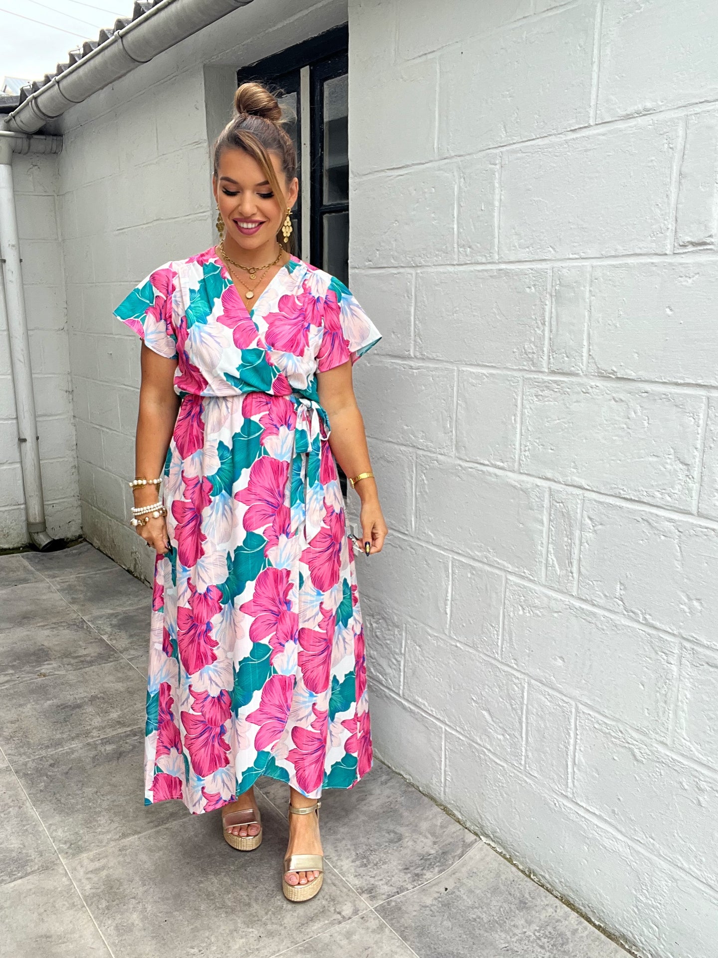Robe fleuri verte/rose LARA ( 34 au 48 )