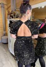 Charger l'image dans la galerie, Robe velours noir sequins or dos nu ROSIANA  (34 au 40)