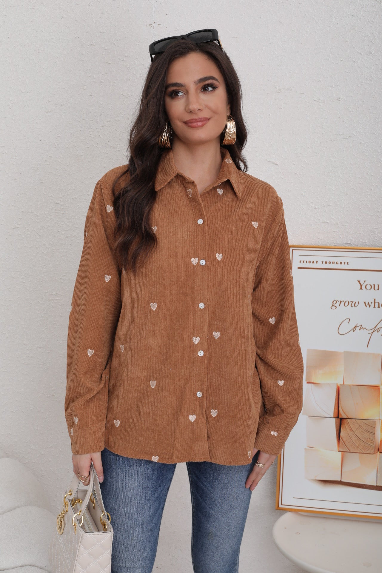 Chemise effet velours coeur camel CENDY (36 au 42)