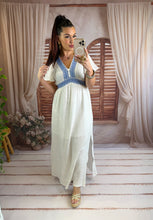 Charger l'image dans la galerie, Robe gaz de coton blanche motif bleu marine OLYMPE (36 au 48 )