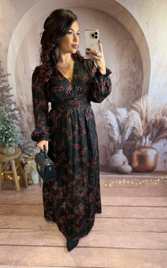 Robe longue noir motif fleurs rouge LUMI (40 au 48)