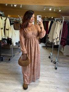 Robe longue taupe motif fleuri camel MANON (40 au 48)