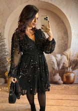 Charger l&#39;image dans la galerie, Robe courte noir fluide sequins VAL (36 au 48)⭐️ ( précommande pour le 5 décembre )
