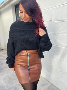 Jupe simili cuir camel zip