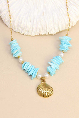 Collier coquillage doré & nacre bleu ☀️