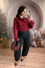 Charger l&#39;image dans la galerie, Top plissé manche dentelle bordeaux AMANDA (36 au 46)