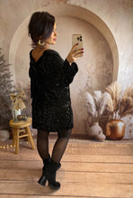 Charger l&#39;image dans la galerie, Robe courte droite noir sequins noeud velours dos EMILIE (34 au 38)⭐️
