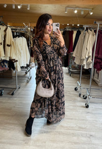 Robe longue noir motif fleur marron LINDA (40 au 48)