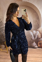 Charger l&#39;image dans la galerie, Robe portefeuille à sequin bleu marine CASSANDRA (34 au 40)⭐️