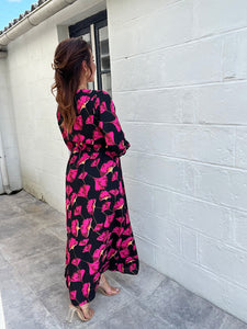 Robe longue fleuri fuchsia avec ceinture tulipa ( 36 au 50 )