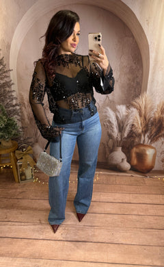 Top transparent à sequins noir GRACE (34 au 40)