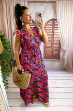 Charger l'image dans la galerie, Robe longue bleu motif fuchsia IZÏA  (38 au 48)