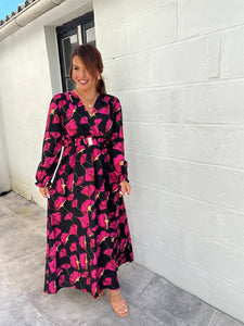 Robe longue fleuri fuchsia avec ceinture tulipa ( 36 au 50 )