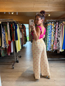 Pantalon rayé jaune fleurs gaz de coton ( 34 au 46 )