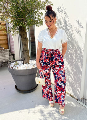 Pantalon albina motif bleu marine/corail ( taille 34 au 48 )