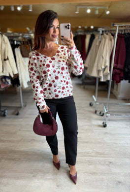 Pull écru/fleurs bordeaux LORIE (34 au 44)
