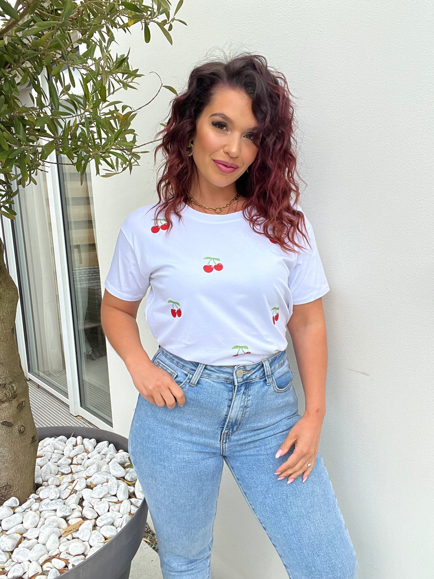 TEE shirt blanc cerise ( 34 au 48 )