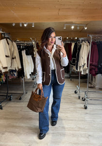 Gilet sans manches moumoute chocolat/écru LALA (34 au 44)