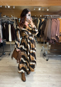 Robe longue camel/choco/écru CLEMENTINE (36 au 48)