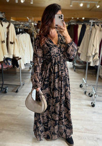 Robe longue noir motif fleur marron LINDA (40 au 48)