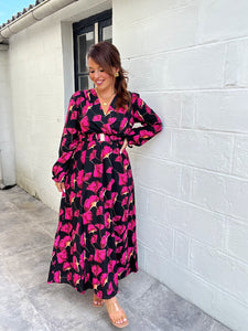Robe longue fleuri fuchsia avec ceinture tulipa ( 36 au 50 )