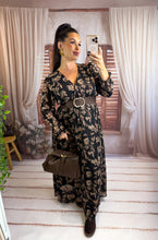 Charger l'image dans la galerie, Robe noir motif fleuri taupe LINDA (40 au 48)