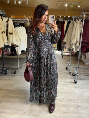 Robe longue motif noir argenté et bordeaux  ANGELIQUA (36 au 48)
