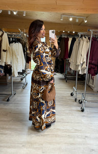 Robe longue motif bleu, camel , chocolat SANDRA (40 au 48)
