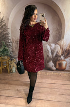 Charger l'image dans la galerie, Robe en sequins bordeaux noeud noir dans le dos ANASTASIA (34 au 42)