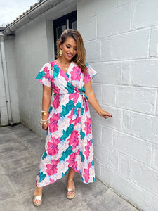 Robe fleuri verte/rose LARA ( 34 au 48 )