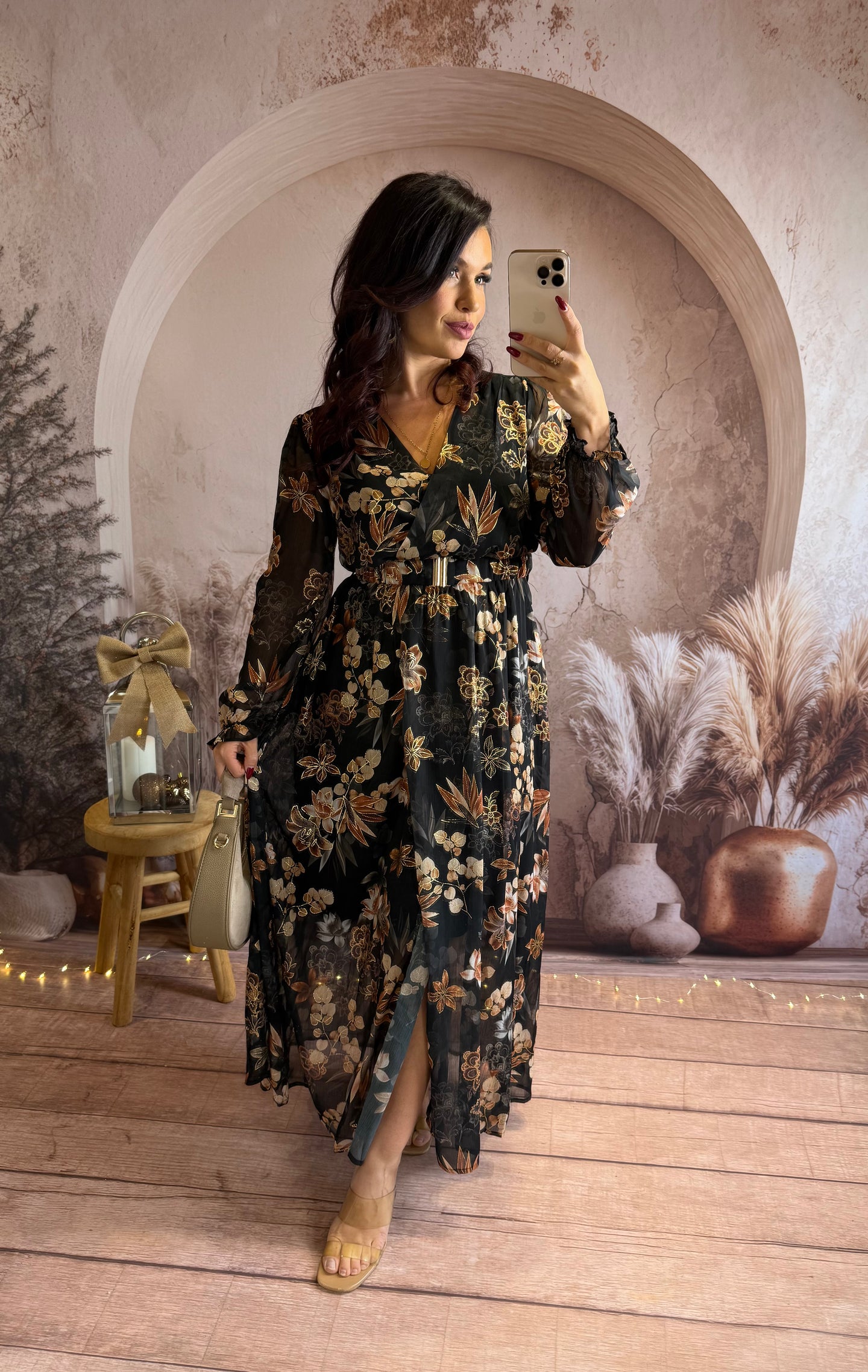 Robe fleuri camel/doré avec ceinture DORIA (36 au 48) ⭐️