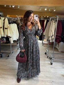 Robe longue motif noir argenté et bordeaux  ANGELIQUA (36 au 48)