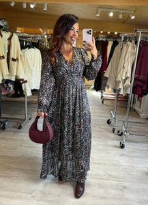 Robe longue motif noir argenté et bordeaux  ANGELIQUA (36 au 48)