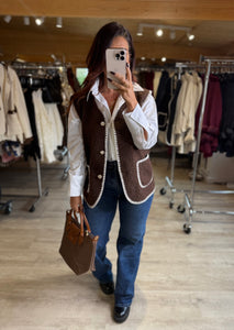 Gilet sans manches moumoute chocolat/écru LALA (34 au 44)