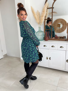 Robe bleu marine fleuri verte Lilou. ( 36 au 48 )