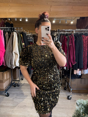 Robe velours noir sequins or dos nu ROSIANA  (34 au 40)