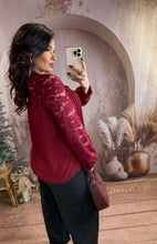 Charger l&#39;image dans la galerie, Top plissé manche dentelle bordeaux AMANDA (36 au 46)