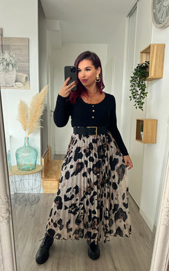 Jupe longue plissée léopard beige GABY ( 36 au 46 )