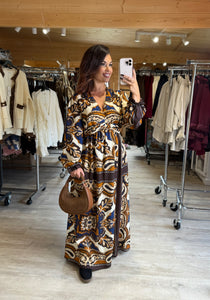 Robe longue motif bleu, camel , chocolat SANDRA (40 au 48)