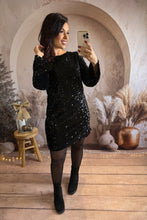 Charger l&#39;image dans la galerie, Robe courte droite noir sequins noeud velours dos EMILIE (34 au 38)⭐️