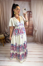 Charger l'image dans la galerie, Robe longue blanche à motif rose et bleu ISILIA (36 au 48 )
