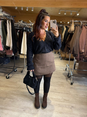 Jupe short motif carré café LEA (34 au 50 )