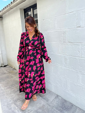 Robe longue fleuri fuchsia avec ceinture tulipa ( 36 au 50 )
