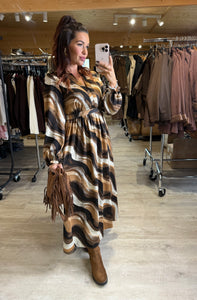 Robe longue camel/choco/écru CLEMENTINE (36 au 48)
