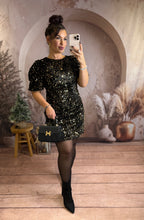 Charger l'image dans la galerie, Robe velours noir sequins or dos nu ROSIANA  (34 au 40)