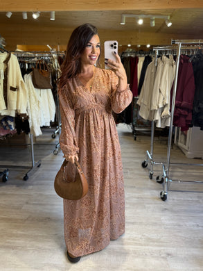 Robe longue taupe motif fleuri camel MANON (40 au 48)