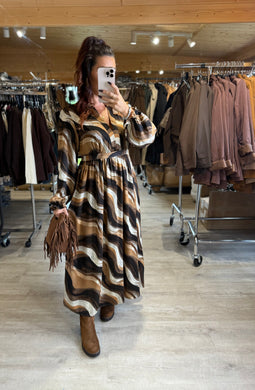 Robe longue camel/choco/écru CLEMENTINE (36 au 48)