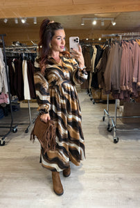 Robe longue camel/choco/écru CLEMENTINE (36 au 48)