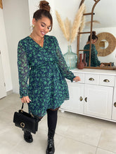 Charger l&#39;image dans la galerie, Robe bleu marine fleuri verte Lilou. ( 36 au 48 )