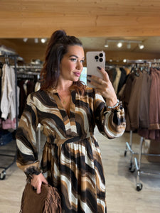 Robe longue camel/choco/écru CLEMENTINE (36 au 48)